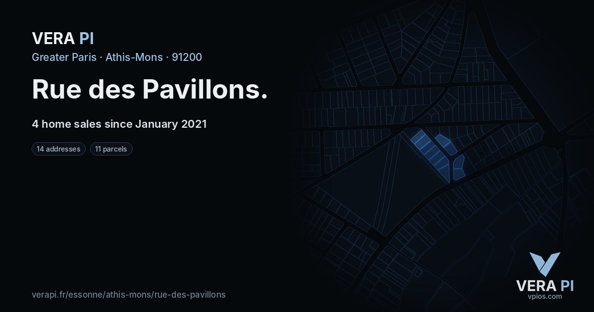Rue des Pavillons, Athis-Mons at night – every parcel coloured by the prices around it, the street's own parcels lit