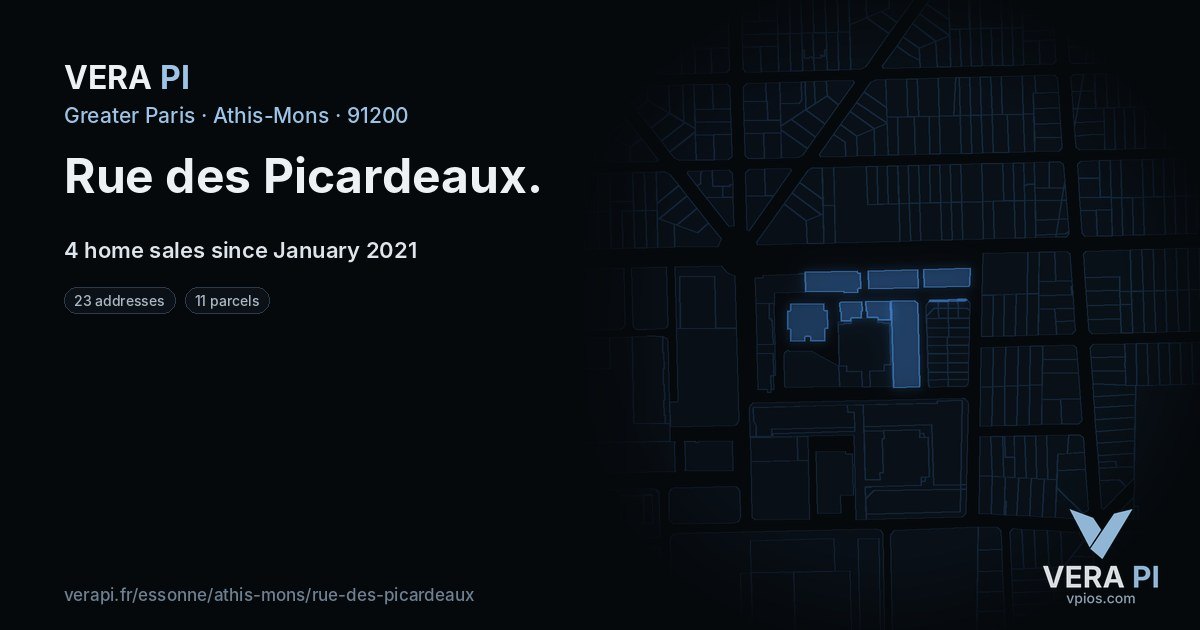 Rue des Picardeaux, Athis-Mons at night – every parcel coloured by the prices around it, the street's own parcels lit