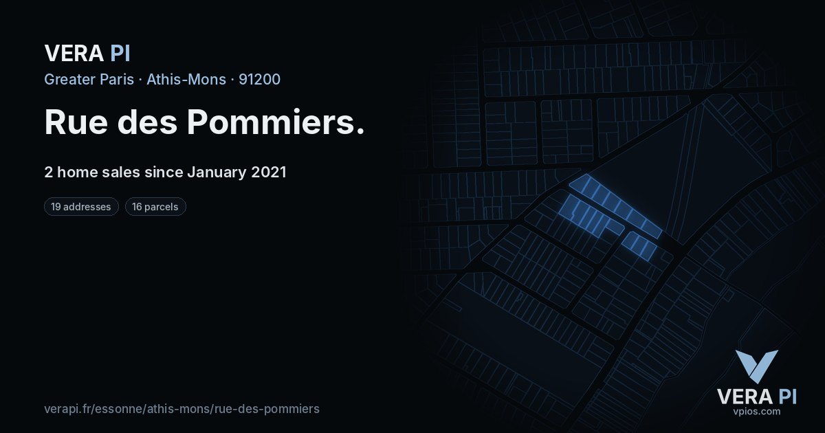 Rue des Pommiers, Athis-Mons at night – every parcel coloured by the prices around it, the street's own parcels lit