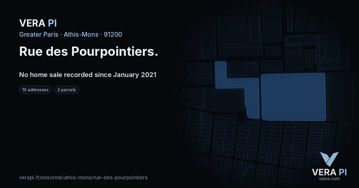 Rue des Pourpointiers, Athis-Mons at night – every parcel coloured by the prices around it, the street's own parcels lit