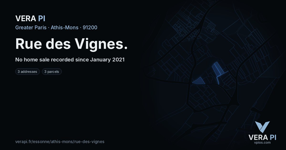 Rue des Vignes, Athis-Mons at night – every parcel coloured by the prices around it, the street's own parcels lit