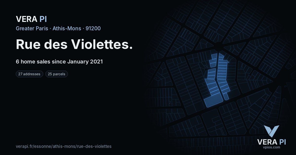 Rue des Violettes, Athis-Mons at night – every parcel coloured by the prices around it, the street's own parcels lit