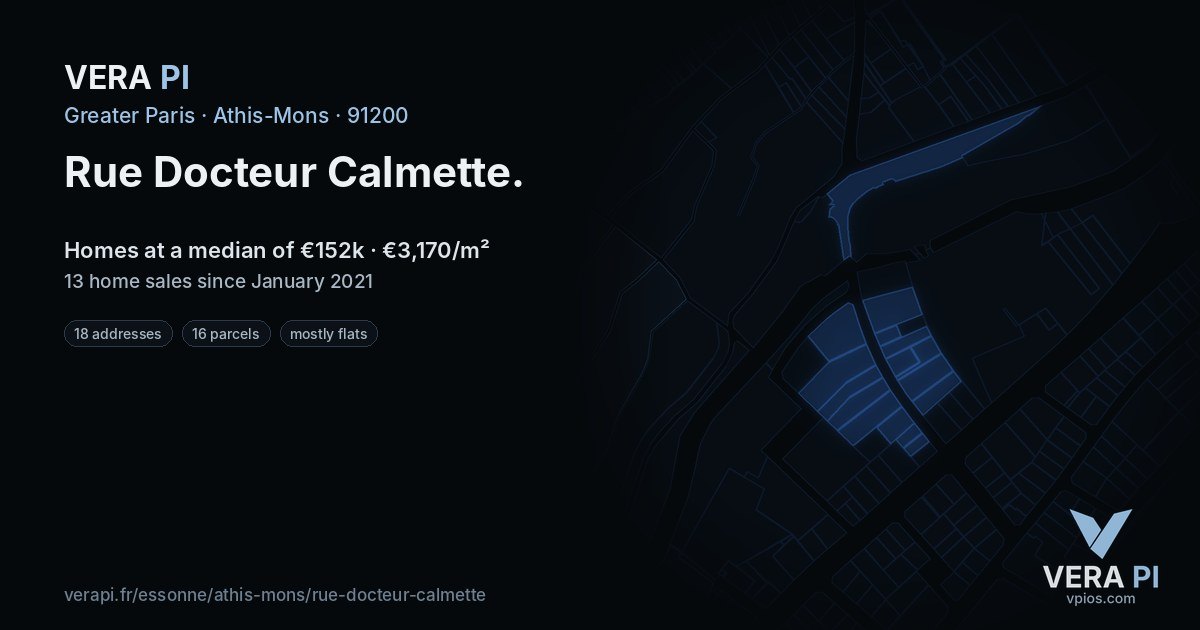 Rue Docteur Calmette, Athis-Mons at night – every parcel coloured by the prices around it, the street's own parcels lit