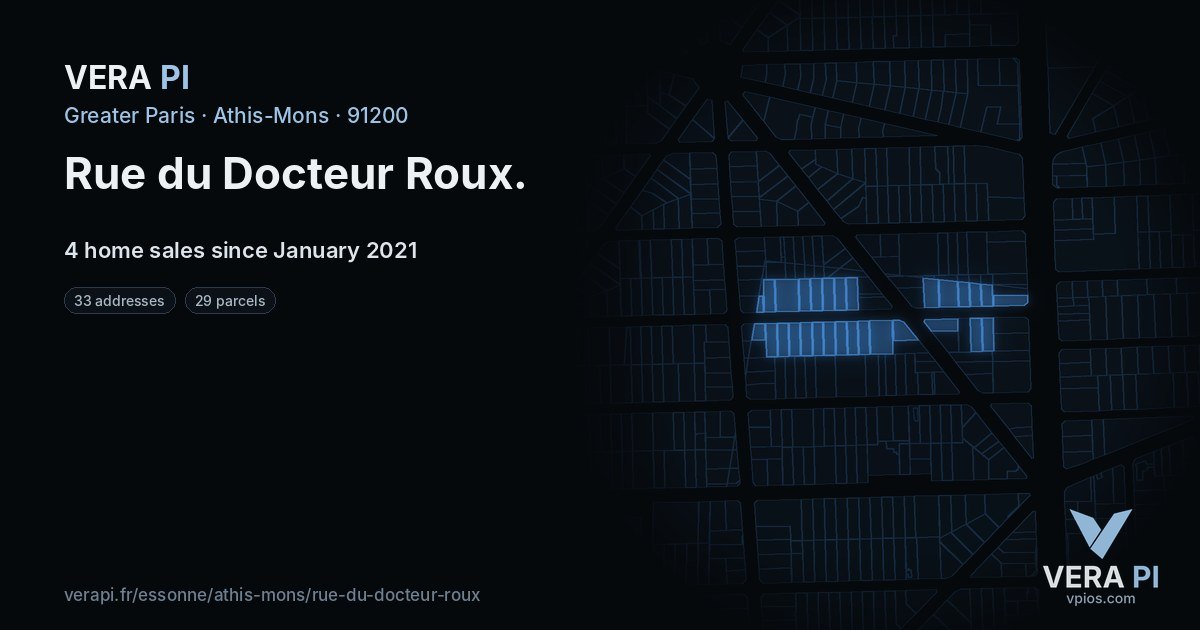 Rue du Docteur Roux, Athis-Mons at night – every parcel coloured by the prices around it, the street's own parcels lit