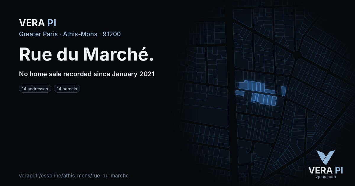 Rue du Marché, Athis-Mons at night – every parcel coloured by the prices around it, the street's own parcels lit