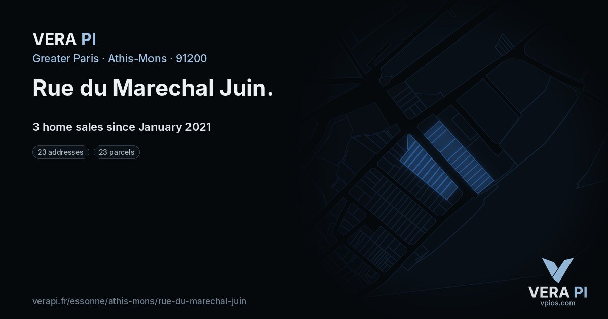 Rue du Marechal Juin, Athis-Mons at night – every parcel coloured by the prices around it, the street's own parcels lit