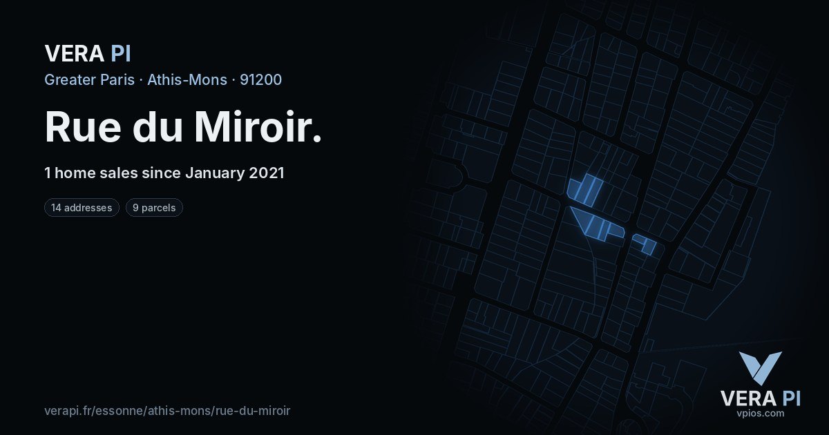Rue du Miroir, Athis-Mons at night – every parcel coloured by the prices around it, the street's own parcels lit