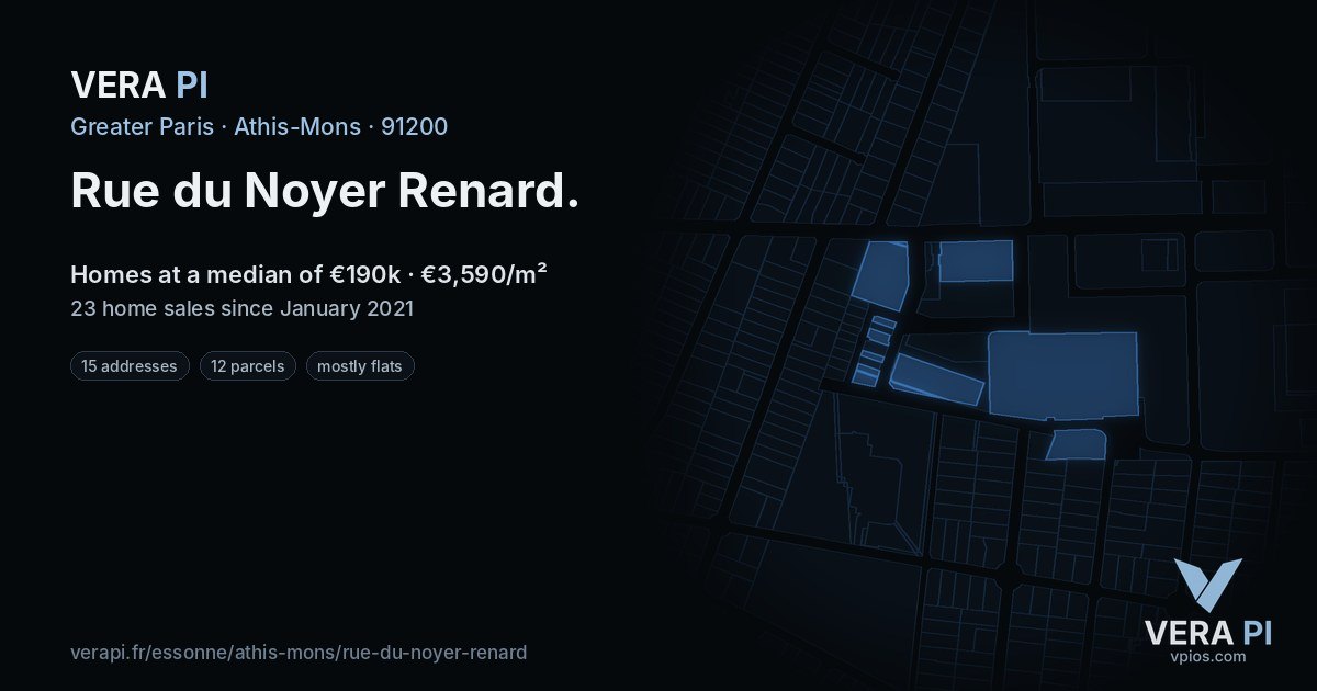Rue du Noyer Renard, Athis-Mons at night – every parcel coloured by the prices around it, the street's own parcels lit