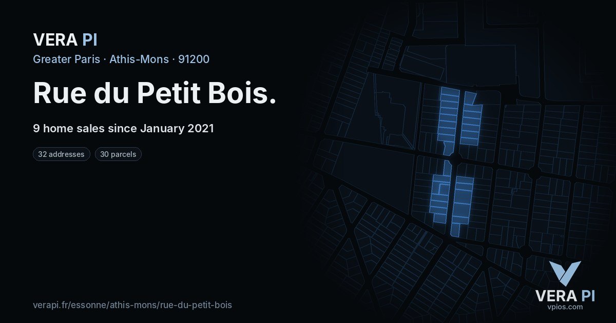 Rue du Petit Bois, Athis-Mons at night – every parcel coloured by the prices around it, the street's own parcels lit