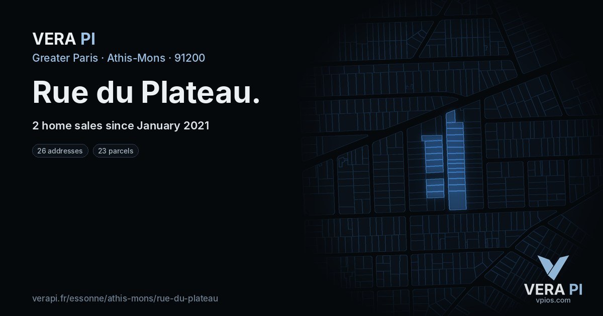 Rue du Plateau, Athis-Mons at night – every parcel coloured by the prices around it, the street's own parcels lit