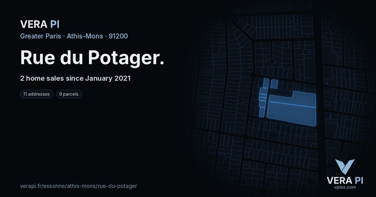Rue du Potager, Athis-Mons at night – every parcel coloured by the prices around it, the street's own parcels lit