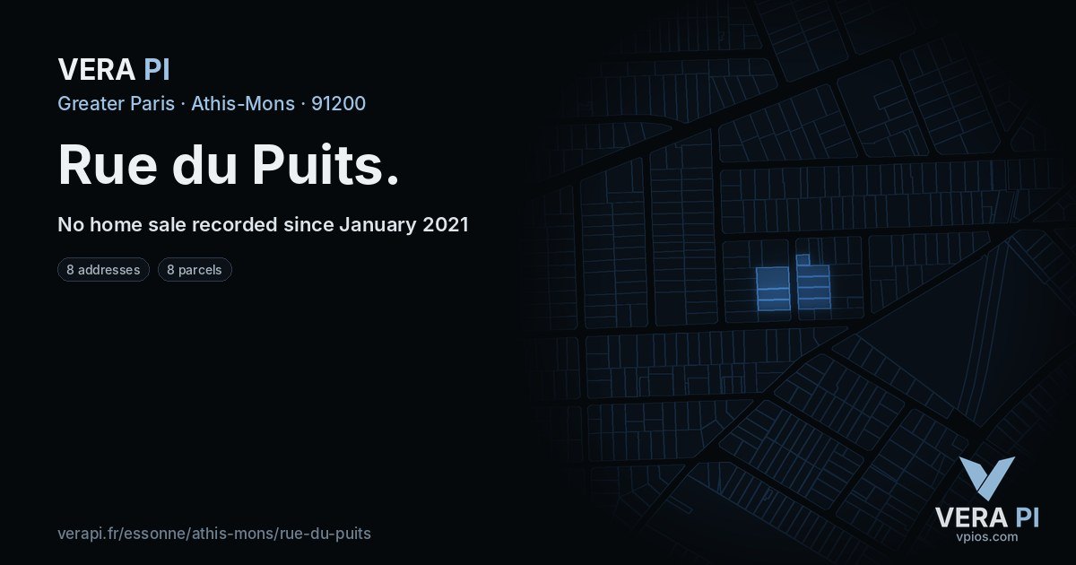 Rue du Puits, Athis-Mons at night – every parcel coloured by the prices around it, the street's own parcels lit