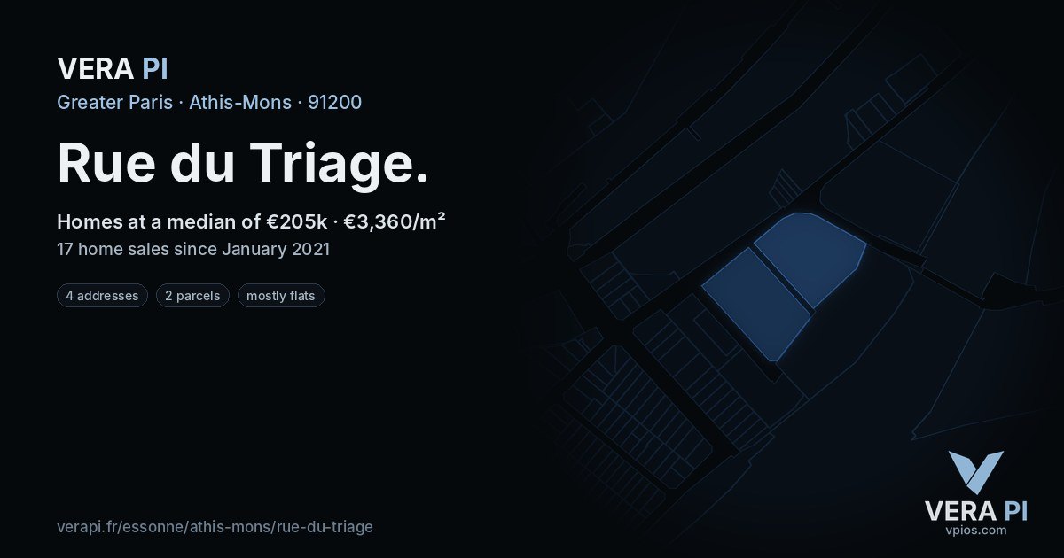 Rue du Triage, Athis-Mons at night – every parcel coloured by the prices around it, the street's own parcels lit