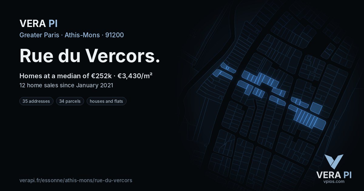 Rue du Vercors, Athis-Mons at night – every parcel coloured by the prices around it, the street's own parcels lit