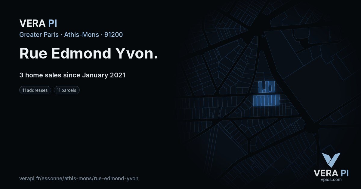 Rue Edmond Yvon, Athis-Mons at night – every parcel coloured by the prices around it, the street's own parcels lit