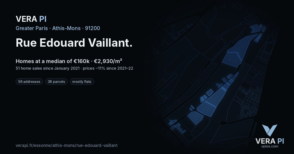 Rue Edouard Vaillant, Athis-Mons at night – every parcel coloured by the prices around it, the street's own parcels lit