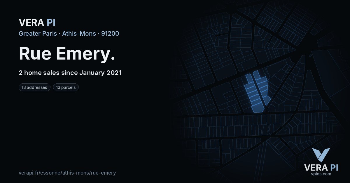 Rue Emery, Athis-Mons at night – every parcel coloured by the prices around it, the street's own parcels lit