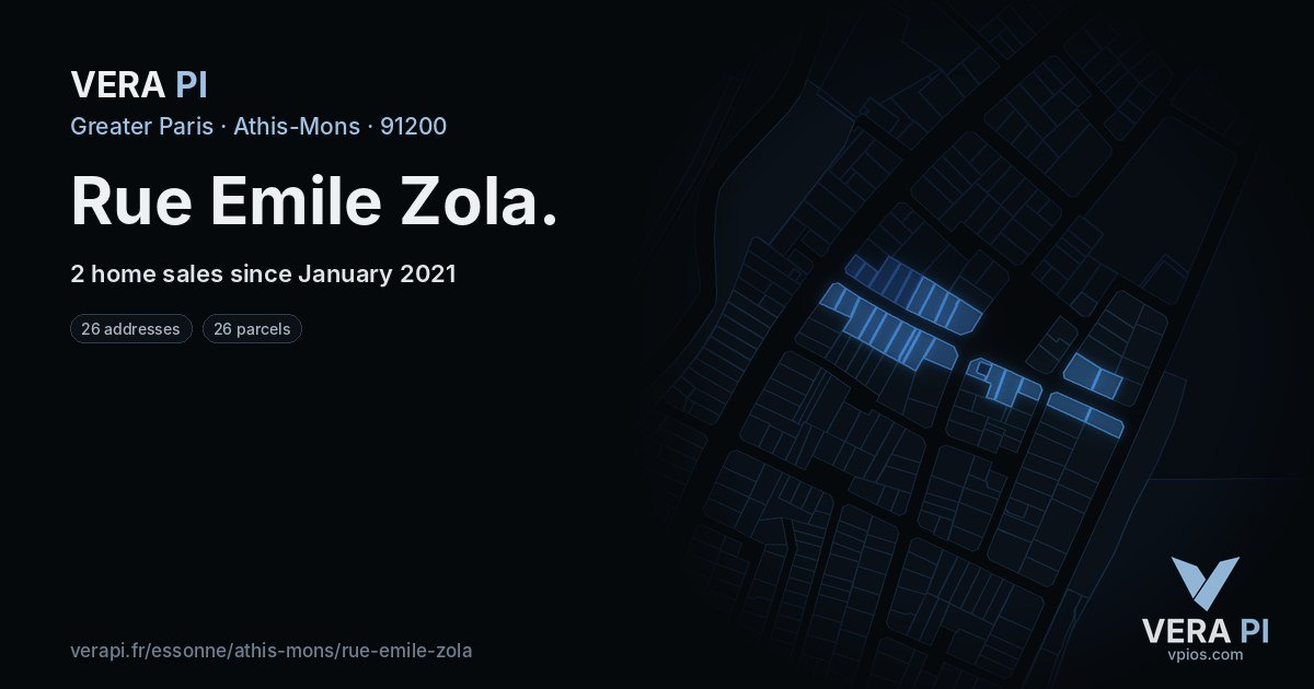 Rue Emile Zola, Athis-Mons at night – every parcel coloured by the prices around it, the street's own parcels lit