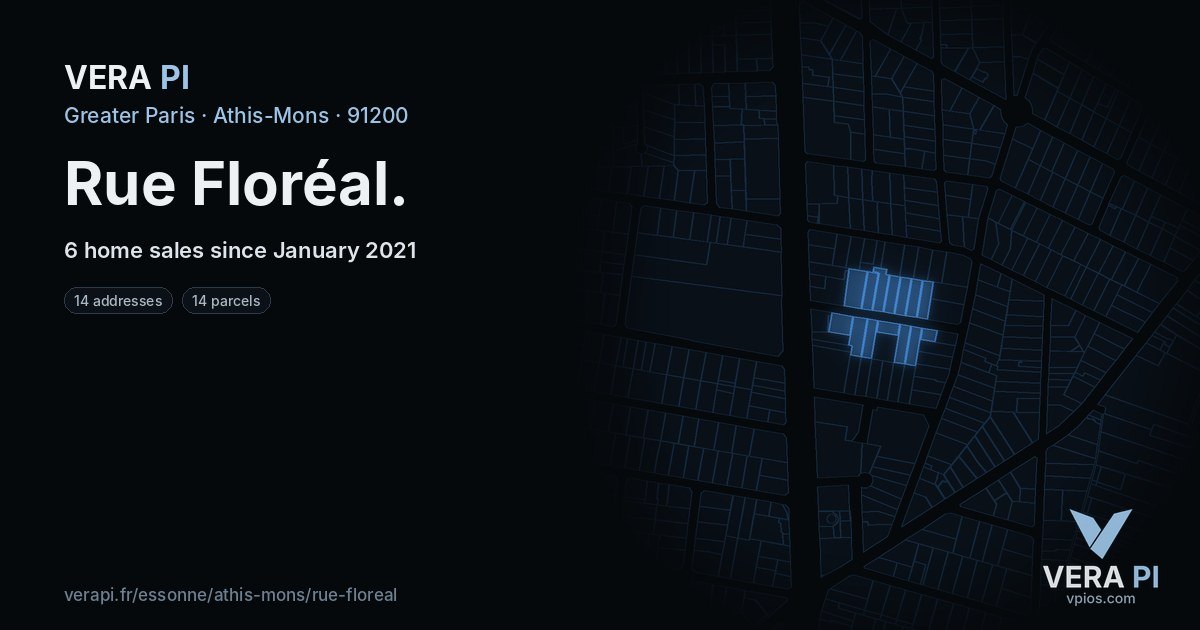 Rue Floréal, Athis-Mons at night – every parcel coloured by the prices around it, the street's own parcels lit