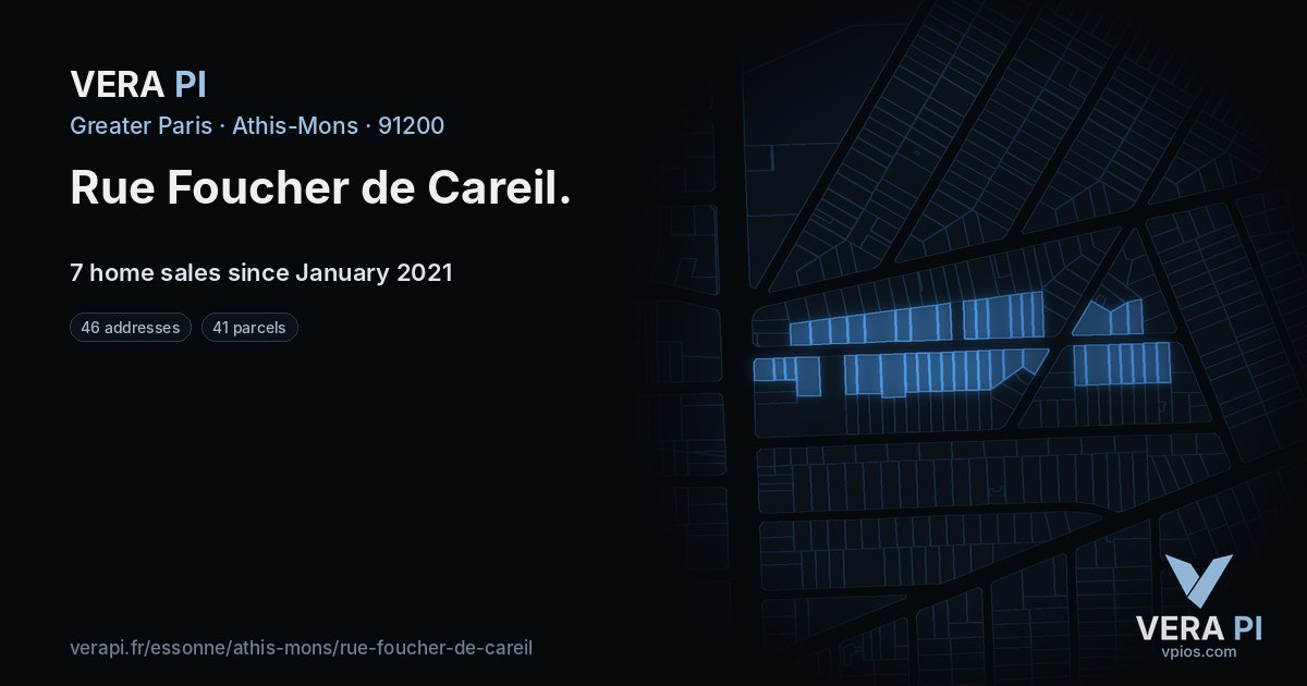 Rue Foucher de Careil, Athis-Mons at night – every parcel coloured by the prices around it, the street's own parcels lit