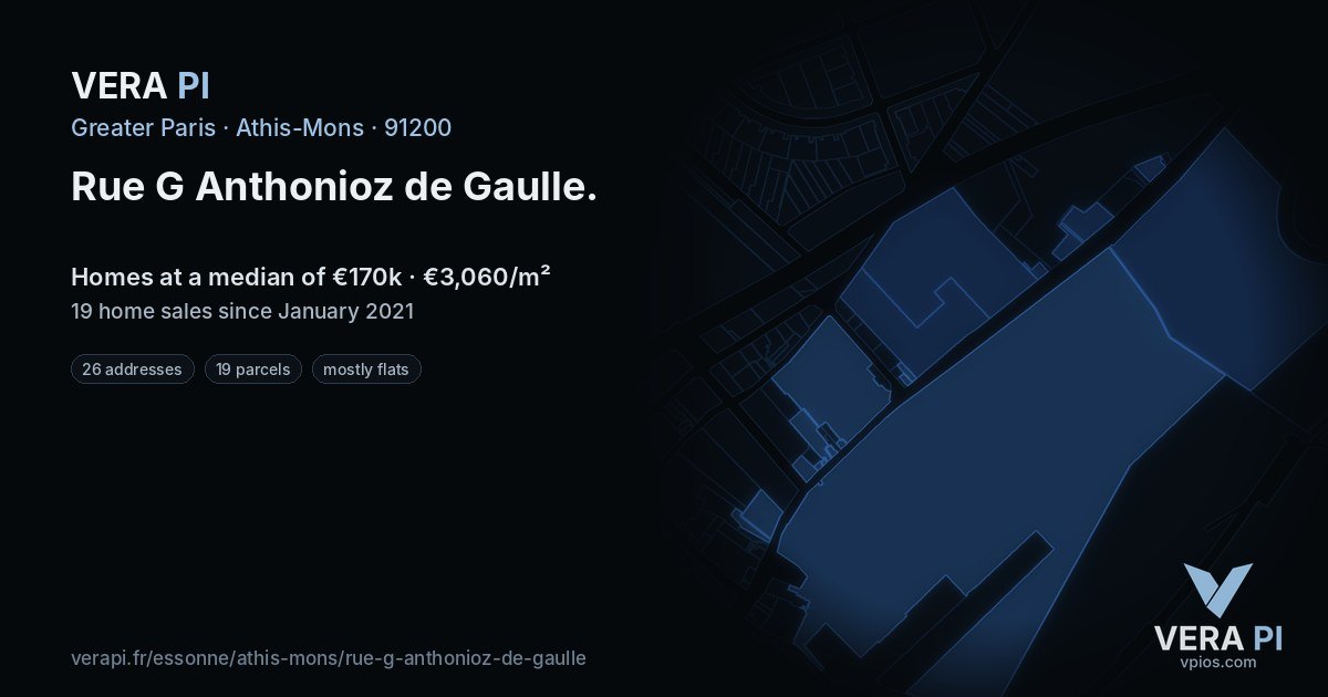 Rue G Anthonioz de Gaulle, Athis-Mons at night – every parcel coloured by the prices around it, the street's own parcels lit