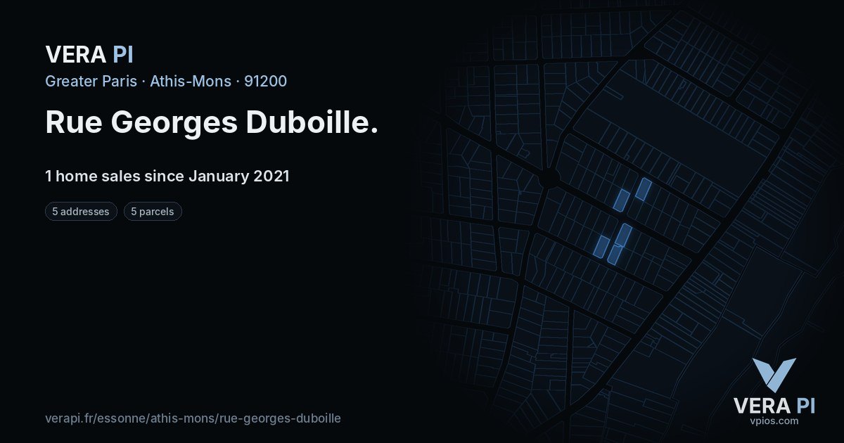 Rue Georges Duboille, Athis-Mons at night – every parcel coloured by the prices around it, the street's own parcels lit