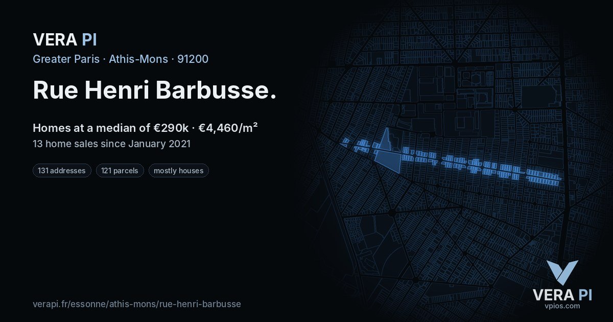 Rue Henri Barbusse, Athis-Mons at night – every parcel coloured by the prices around it, the street's own parcels lit