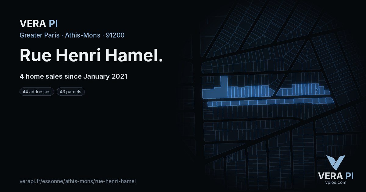 Rue Henri Hamel, Athis-Mons at night – every parcel coloured by the prices around it, the street's own parcels lit
