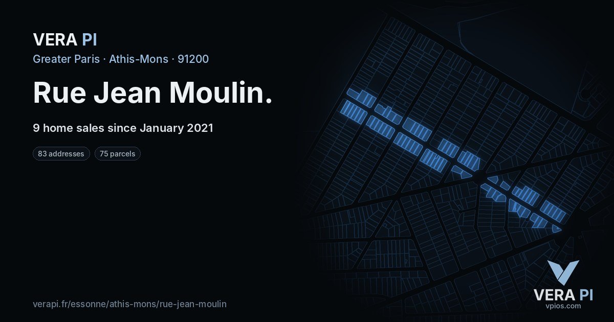 Rue Jean Moulin, Athis-Mons at night – every parcel coloured by the prices around it, the street's own parcels lit