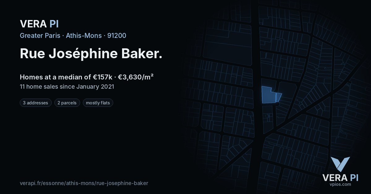Rue Joséphine Baker, Athis-Mons at night – every parcel coloured by the prices around it, the street's own parcels lit