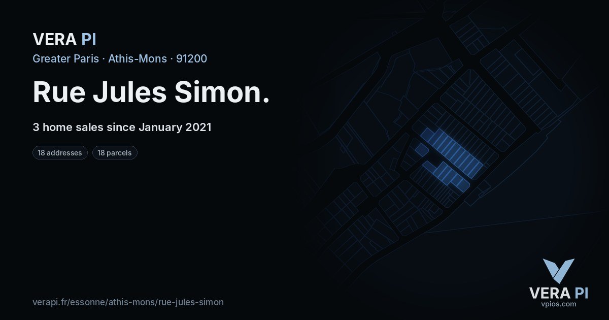 Rue Jules Simon, Athis-Mons at night – every parcel coloured by the prices around it, the street's own parcels lit
