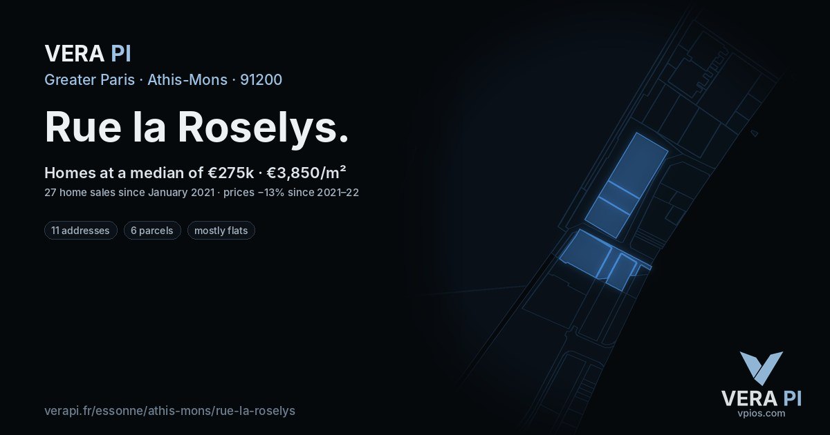 Rue la Roselys, Athis-Mons at night – every parcel coloured by the prices around it, the street's own parcels lit