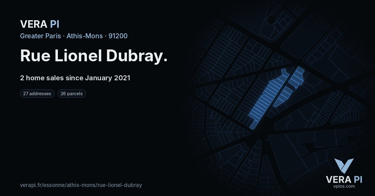Rue Lionel Dubray, Athis-Mons at night – every parcel coloured by the prices around it, the street's own parcels lit