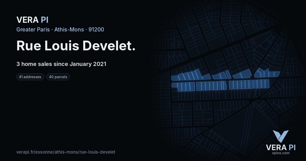 Rue Louis Develet, Athis-Mons at night – every parcel coloured by the prices around it, the street's own parcels lit