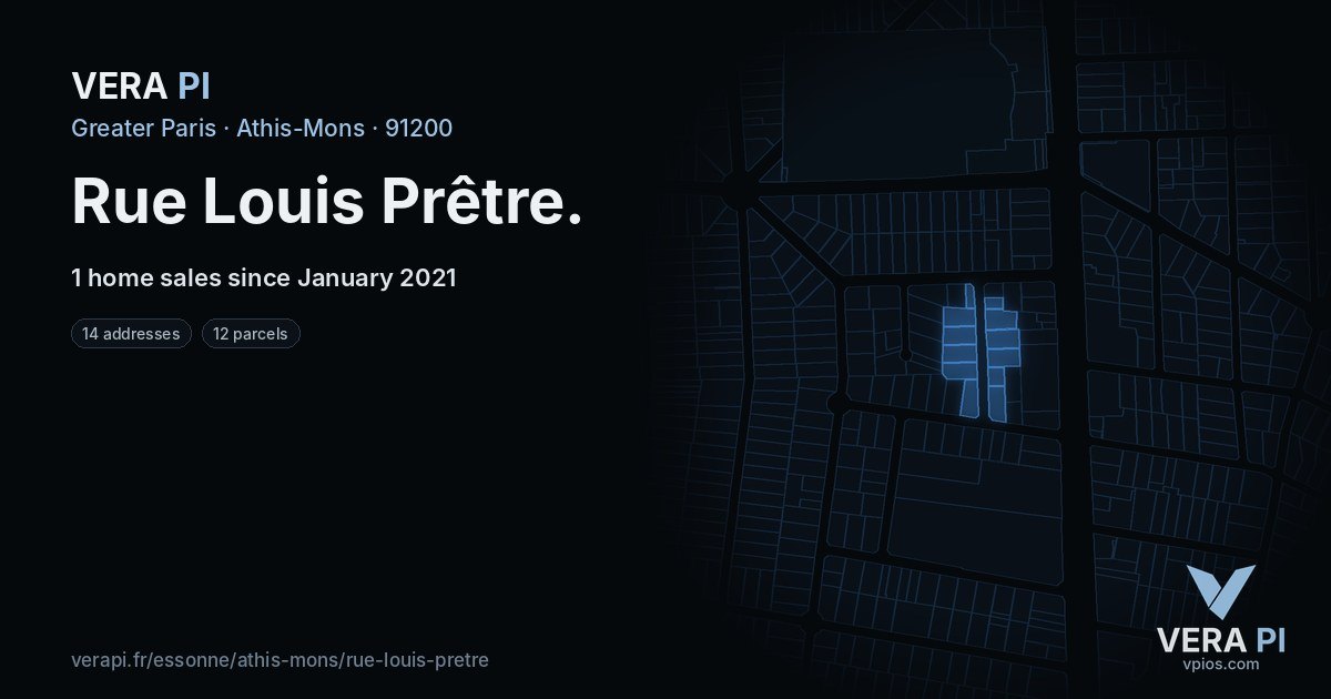 Rue Louis Prêtre, Athis-Mons at night – every parcel coloured by the prices around it, the street's own parcels lit