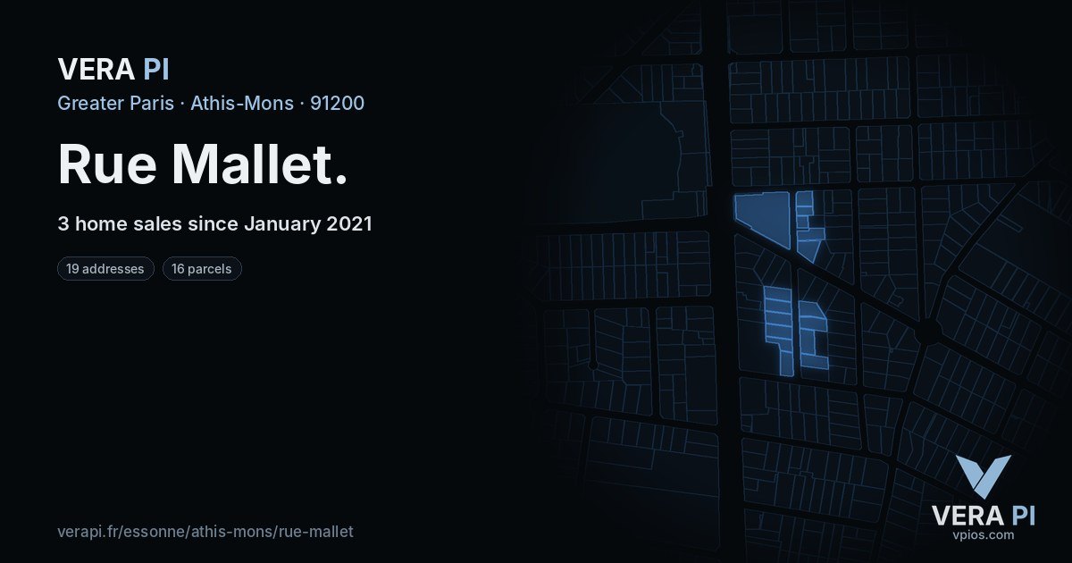 Rue Mallet, Athis-Mons at night – every parcel coloured by the prices around it, the street's own parcels lit