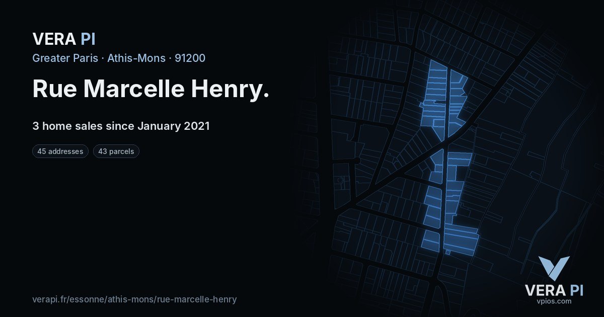 Rue Marcelle Henry, Athis-Mons at night – every parcel coloured by the prices around it, the street's own parcels lit