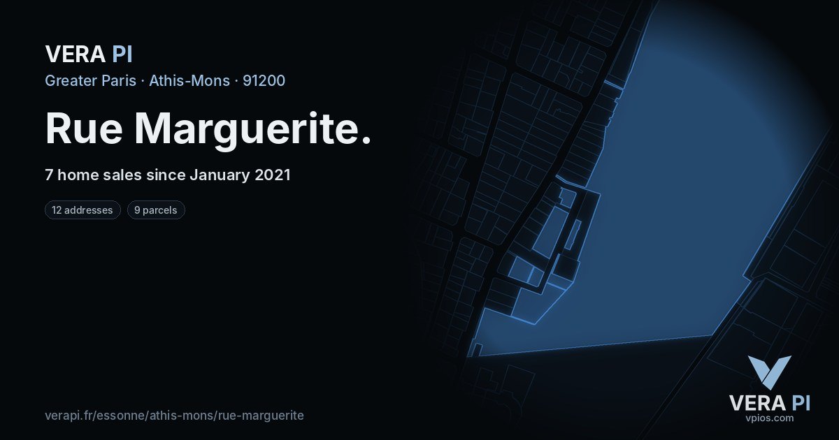 Rue Marguerite, Athis-Mons at night – every parcel coloured by the prices around it, the street's own parcels lit