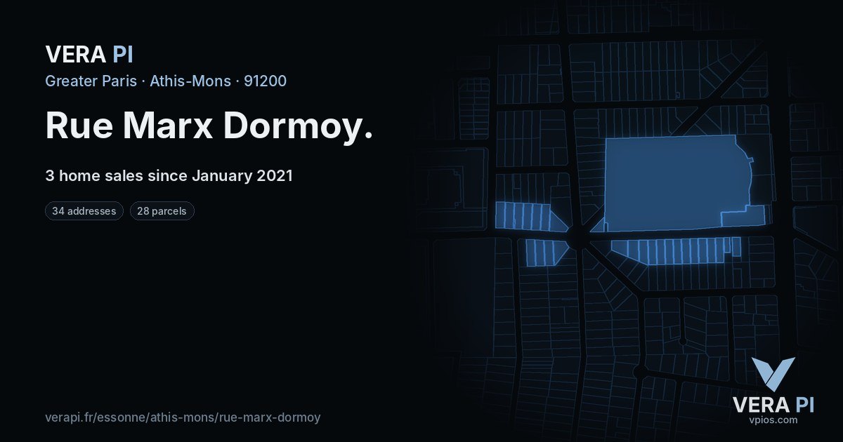 Rue Marx Dormoy, Athis-Mons at night – every parcel coloured by the prices around it, the street's own parcels lit