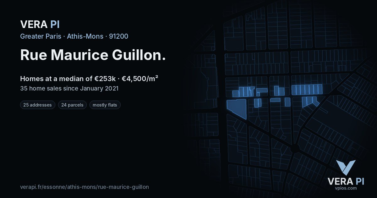 Rue Maurice Guillon, Athis-Mons at night – every parcel coloured by the prices around it, the street's own parcels lit