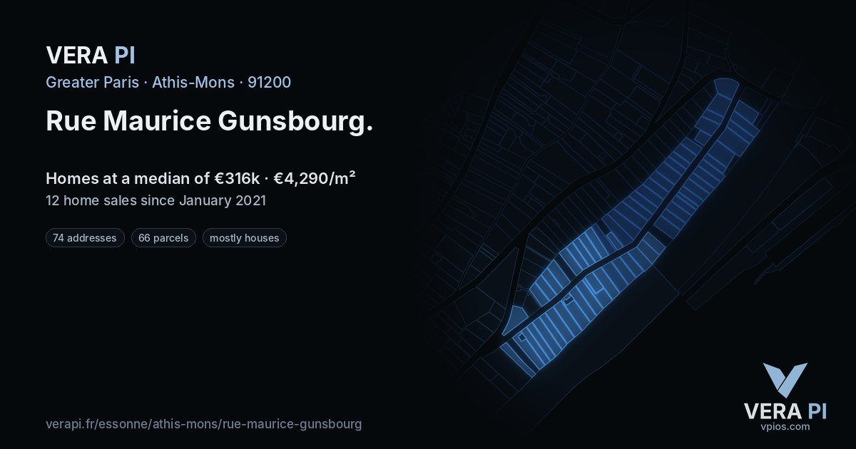 Rue Maurice Gunsbourg, Athis-Mons at night – every parcel coloured by the prices around it, the street's own parcels lit