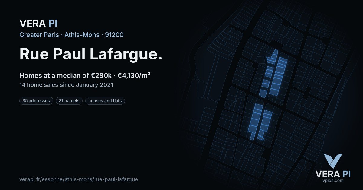 Rue Paul Lafargue, Athis-Mons at night – every parcel coloured by the prices around it, the street's own parcels lit