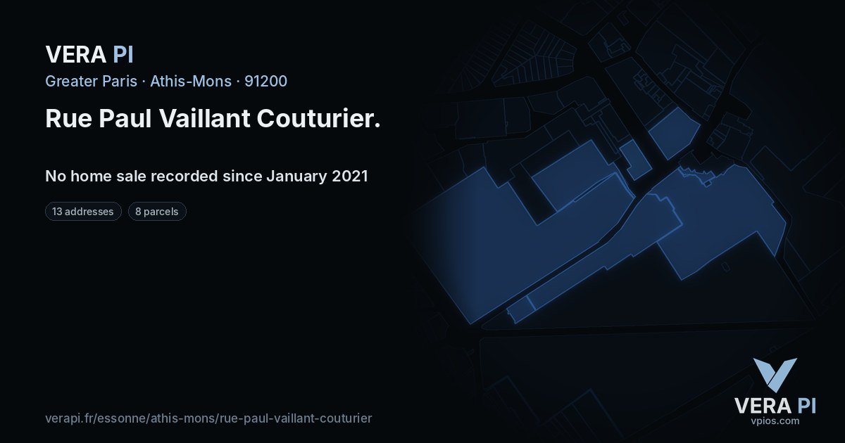 Rue Paul Vaillant Couturier, Athis-Mons at night – every parcel coloured by the prices around it, the street's own parcels lit