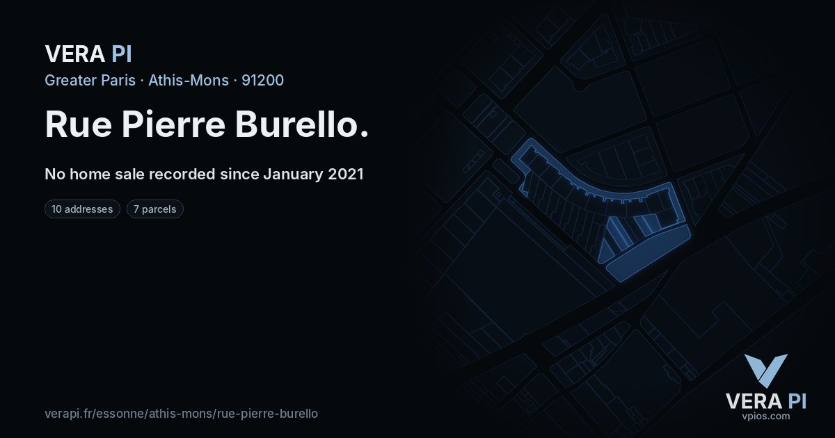 Rue Pierre Burello, Athis-Mons at night – every parcel coloured by the prices around it, the street's own parcels lit