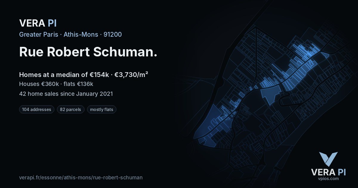 Rue Robert Schuman, Athis-Mons at night – every parcel coloured by the prices around it, the street's own parcels lit