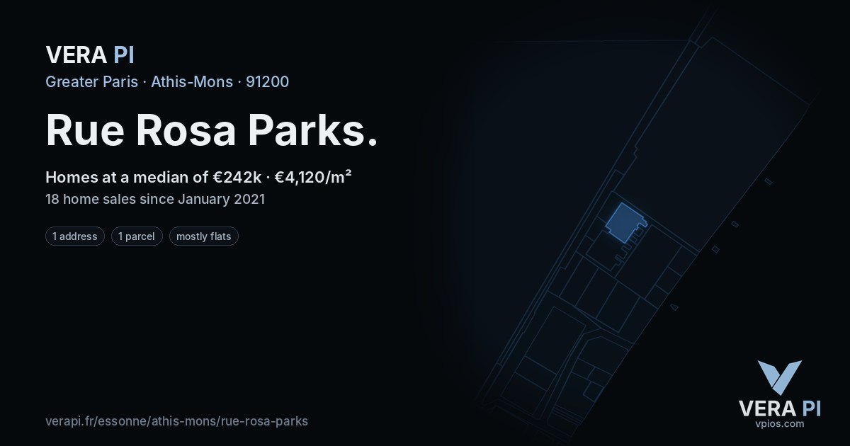 Rue Rosa Parks, Athis-Mons at night – every parcel coloured by the prices around it, the street's own parcels lit