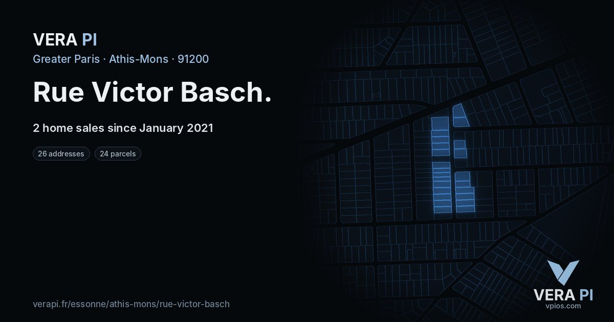 Rue Victor Basch, Athis-Mons at night – every parcel coloured by the prices around it, the street's own parcels lit