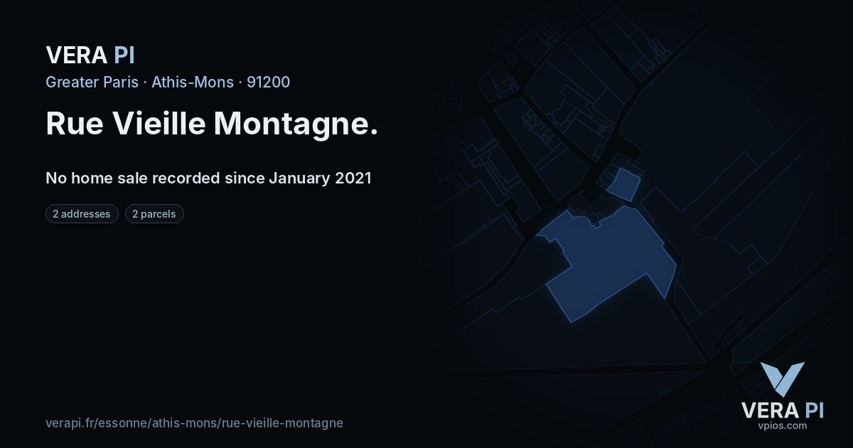 Rue Vieille Montagne, Athis-Mons at night – every parcel coloured by the prices around it, the street's own parcels lit