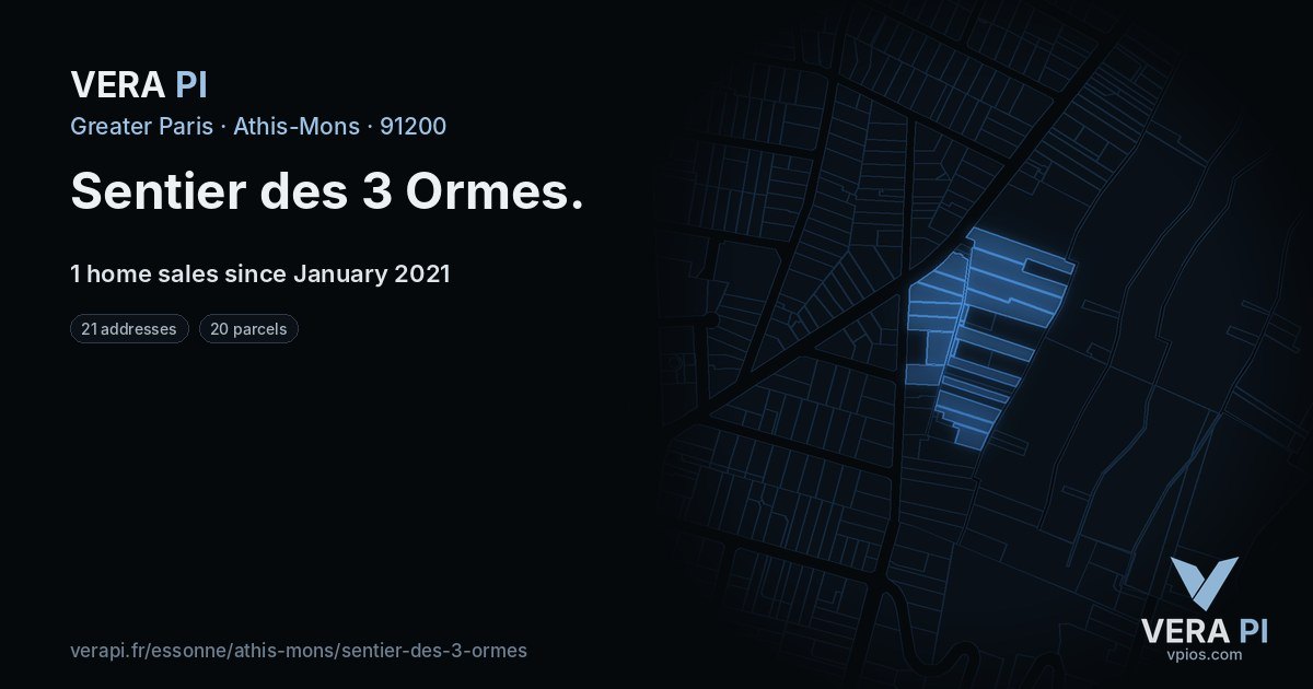 Sentier des 3 Ormes, Athis-Mons at night – every parcel coloured by the prices around it, the street's own parcels lit