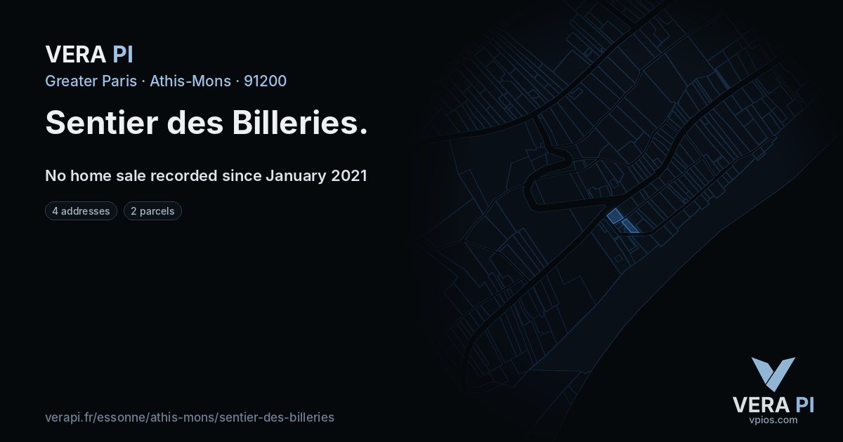 Sentier des Billeries, Athis-Mons at night – every parcel coloured by the prices around it, the street's own parcels lit